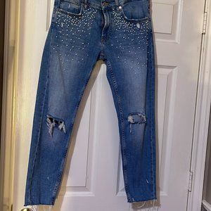 Zara Premium Denim Collection Pearl Encrusted Jeans Size 6